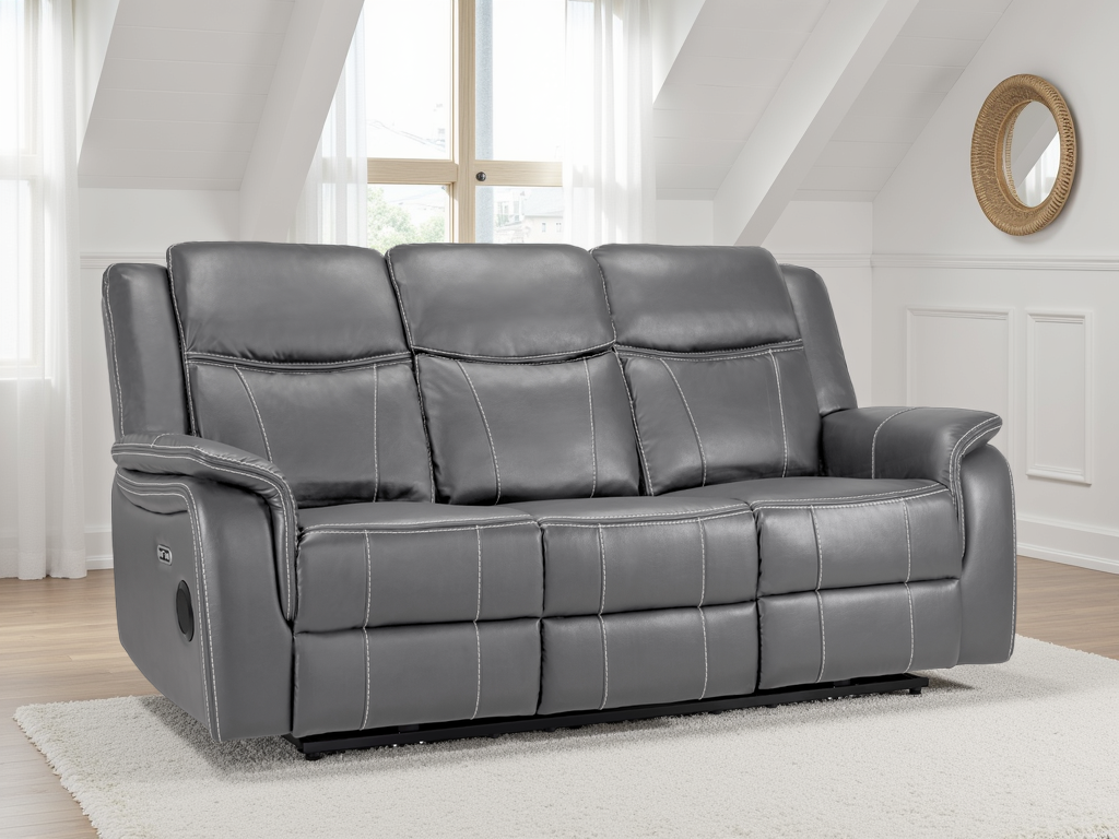 Galaxy Tech Electric Recliner 3 Seater Grey Leather 3 Seater